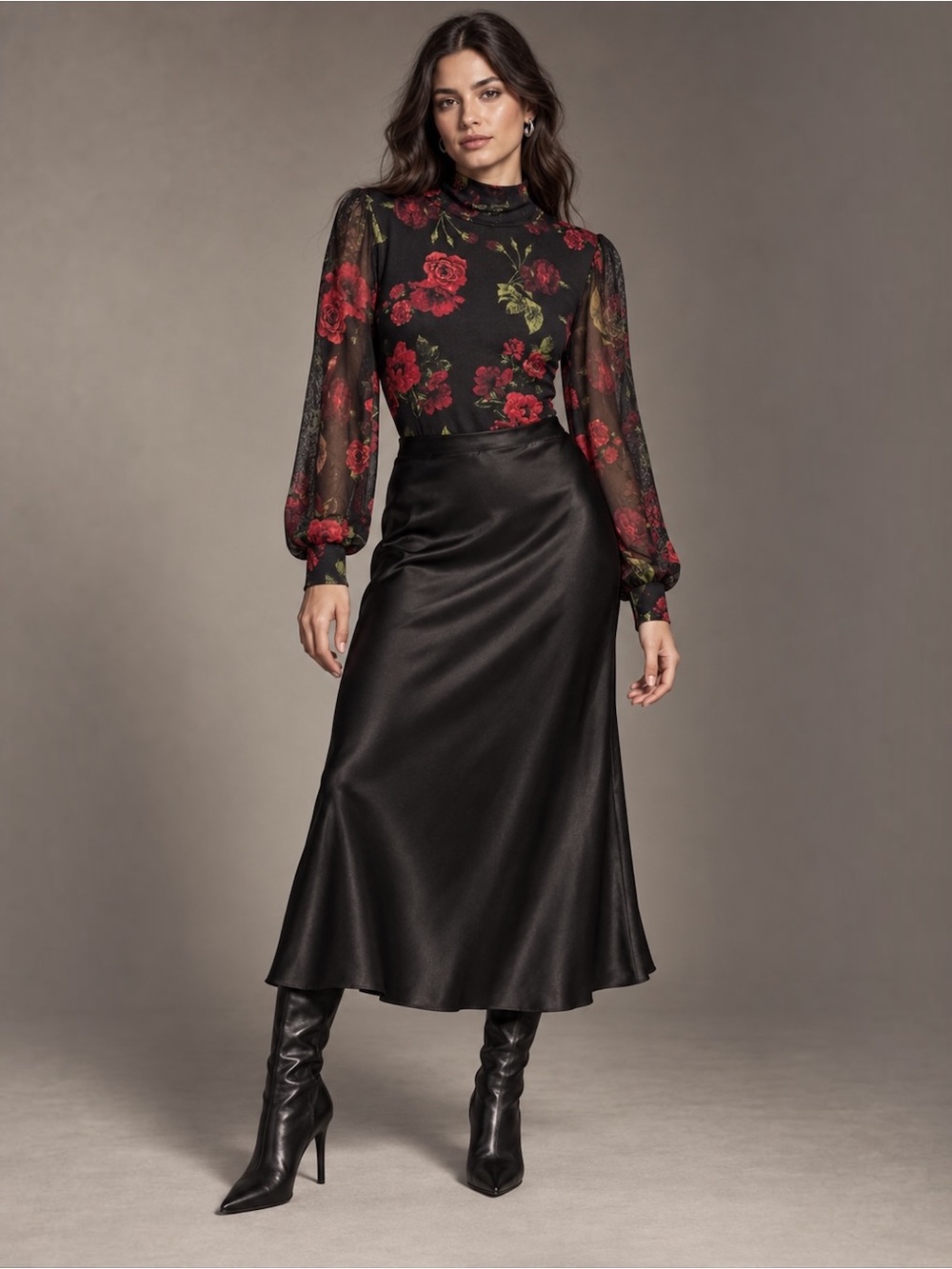 Ember Black Red Roses Mock Neck Bodysuit | Sheer Balloon Sleeve | Dark Romantic